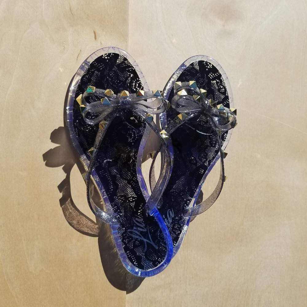 Studed Bow jelly sandals with studs- CLEAR BLACK
